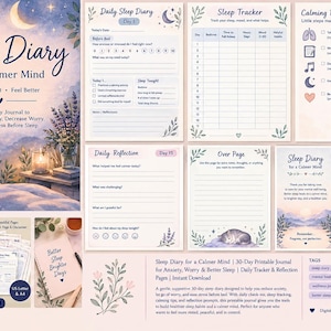 May include: A 30-day printable sleep diary journal featuring a calming lavender and moonlit landscape cover, daily sleep tracking pages, reflection prompts, and a calming before bed checklist with soft floral illustrations and blue text.