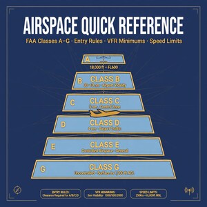 May include: A dark blue educational chart titled Airspace Quick Reference, displaying FAA classes A through G in a pyramid structure. It includes entry rules, VFR minimums, and speed limits, with light blue trapezoidal sections for each class.