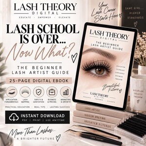 May include: A digital ebook titled Lash Theory Digital: The Beginner Lash Artist Guide displayed on a tablet screen. The cover features a close-up of an eye with long lashes, text, and icons. Below are three stacked books and two black tweezers.