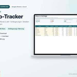 May include: A digital subscription tracker spreadsheet for Google Sheets and Excel displayed on a laptop screen. The interface features a dashboard titled Abos & Verträge with columns for provider, category, cost, frequency, and renewal dates.