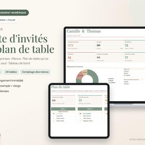 May include: A digital spreadsheet template for wedding guest lists and seating charts, compatible with Google Sheets and Excel. The interface displays data dashboards, guest counts, and table assignments with text in French, including Camille & Thomas.