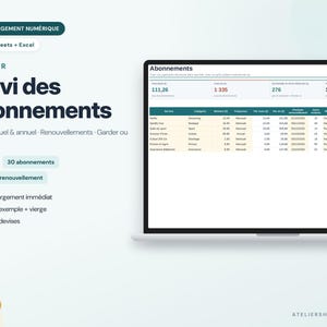May include: A digital spreadsheet template for tracking subscriptions displayed on a laptop screen. The interface includes columns for service, category, cost, frequency, and renewal dates, with summary metrics at the top in a clean, organized layout.