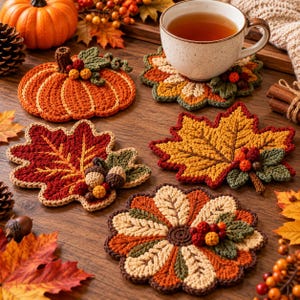 May include: A set of four crocheted coasters featuring autumn-themed designs including a pumpkin, a maple leaf, a red leaf, and a flower, each accented with small crocheted berries or acorns in shades of orange, red, brown, and green.