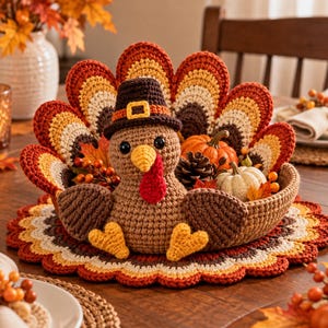 Puede incluir: Un centro de mesa de pavo tejido a ganchillo con cuerpo marrón, pico amarillo, carúncula roja y un sombrero de peregrino marrón oscuro con hebilla amarilla. El pavo se asienta en un cuenco rodeado por una cola en abanico y calabazas.