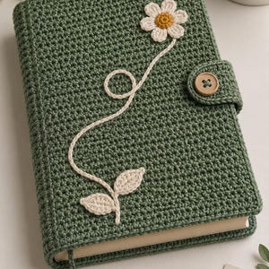 May include: A sage green crochet book cover featuring a white daisy appliqué with a yellow center, a winding stem, and two leaves. The cover includes a button closure and a dangling leaf bookmark. The texture is consistent throughout the piece.