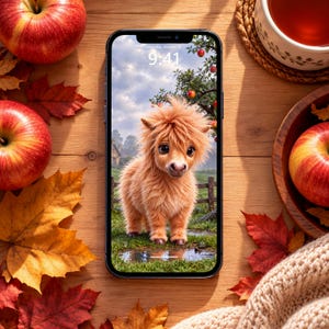 May include: A smartphone displaying a digital wallpaper of a fluffy, light brown Highland calf standing in a grassy field with a wooden fence and apple trees. The screen shows the time 9:41 and the date Saturday, October 19 in white text.