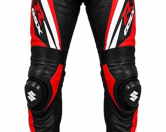 Suzuki GSX-R Style Motorrad-Rennlederhose, rot-weiß-schwarze Bikerhose, maßgeschneiderte Rennanzughose, Schutzausrüstung