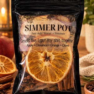 May include: A black plastic pouch containing dried fruit and spices for a simmer pot. The label reads SIMMER POT, Just Add Water + Simmer, Smells like I got my shit together, and Apple • Cinnamon • Orange • Clove. A large dried orange slice is visible.