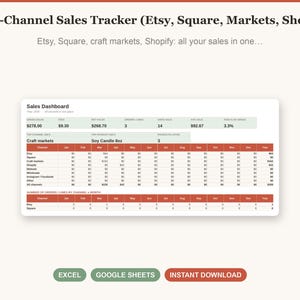 May include: A digital multi-channel sales tracker spreadsheet for Etsy, Square, markets, and Shopify. The interface displays a sales dashboard with monthly data, order totals, and net sales. Includes buttons for Excel, Google Sheets, and instant download.