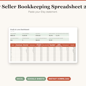 Könnte beinhalten: Etsy Verkäufer Buchhaltungs-Tabellenkalkulation 2026 mit einem Gewinn- und Verlust-Dashboard, das Gesamteinnahmen, Ausgaben und Nettogewinn anzeigt. Die Oberfläche enthält Spalten für monatliche Verkäufe, Gebühren und Ausgaben. Buttons für Excel und Google Sheets.