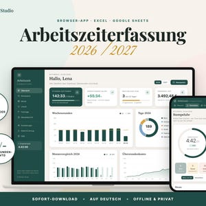 Op de afbeelding: Een digitaal urenregistratie-dashboard voor 2026 en 2027 weergegeven op een laptop- en smartphonescherm. De interface in donkergroen en crème toont grafieken, weekuren en een klok. Tekst bevat "Arbeitszeiterfassung" en "Planbar Studio".