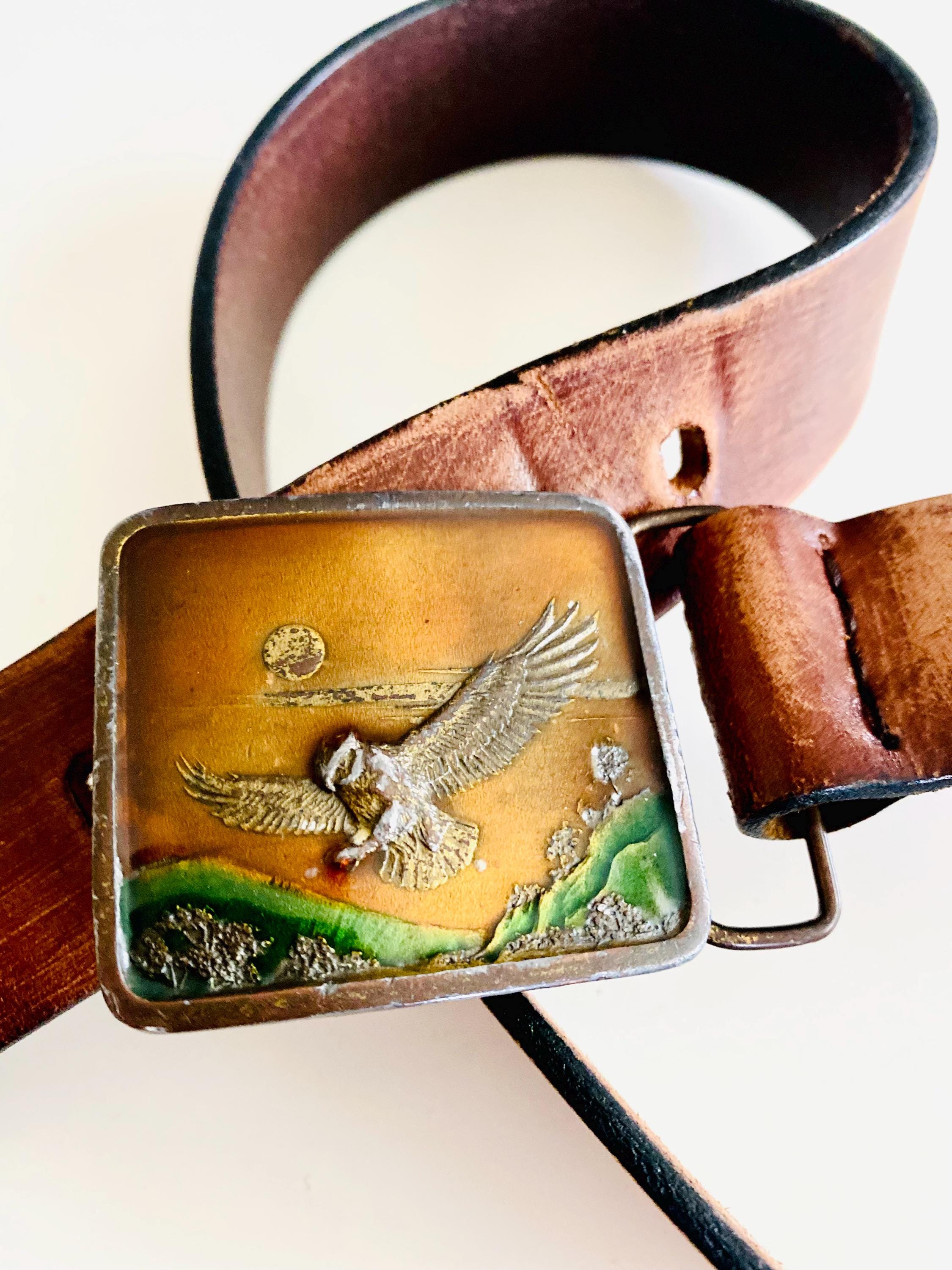 Vintage 70s Owl Belt Buckle: Handcrafted Metal & Resin 