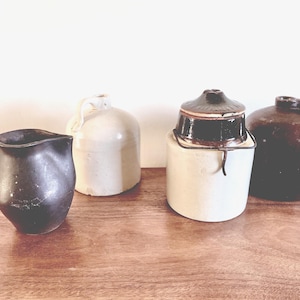 Vintage Salt Glazed Stoneware Whiskey Jugs:  Primitive Crock With Lid. Farmhouse Home Decor