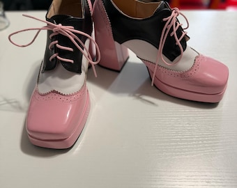 Women's Platform Heel Pumps Square Toe Lace Up Colorblock Brogue Oxford Shoes