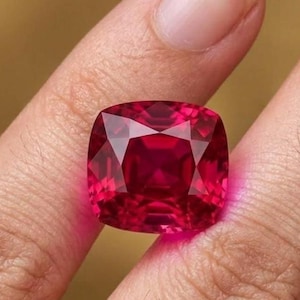 May include: A cushion-cut gemstone with a deep, vibrant red colour and a faceted surface that reflects light. The stone is held between two fingers, showcasing its transparent quality and geometric shape with multiple triangular and trapezoidal facets.