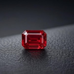 May include: A vibrant red gemstone with an emerald cut, featuring a rectangular shape and multiple facets that reflect light. The stone displays a deep, saturated crimson hue and a polished, glassy surface with sharp, clean edges and corners.