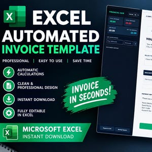 Op de afbeelding: Een geautomatiseerd Excel-factuursjabloon met een donker dashboard en een wit factuurformulier. De tekst bevat EXCEL AUTOMATED INVOICE TEMPLATE, INVOICE IN SECONDS en MICROSOFT EXCEL INSTANT DOWNLOAD. De interface toont diverse financiële velden.