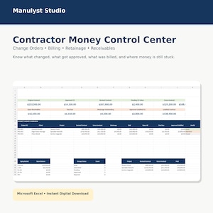 Puede incluir: Una hoja de cálculo digital titulada Contractor Money Control Center de Manulyst Studio. El diseño incluye secciones para órdenes de cambio, facturación, retenciones y cuentas por cobrar, con tablas que muestran datos financieros y plazos de vencimiento.