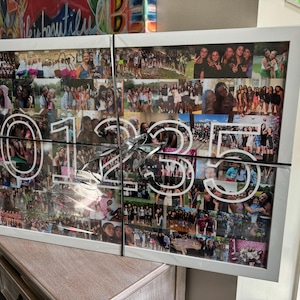 May include: A white framed collage of photos with the numbers 01235 in white outlined in black. The photos are of a group of people, mostly women, in various settings.