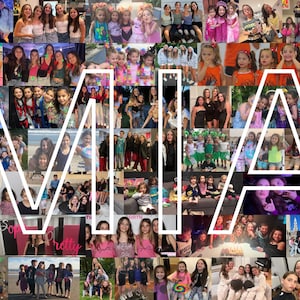Puede incluir: Un collage de fotos con un grupo de personas, muchas de las cuales son chicas jóvenes. Las fotos están dispuestas en una cuadrícula y presentan una variedad de fondos y escenarios. La palabra "MIA" está escrita en letras blancas sobre las fotos.