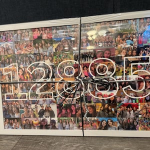 May include: A white framed collage of photos featuring a group of people. The photos are arranged to form the numbers 1285.