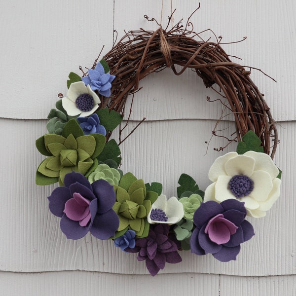 Succulents and Blooms Grapevine Wreath in violets, lilac and periwinkle
