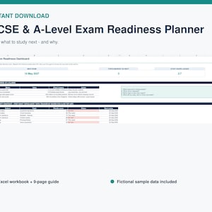 May include: A digital GCSE & A-Level Exam Readiness Planner spreadsheet template. The interface includes an Exam Readiness Dashboard, a This Week at a Glance section, and a Priority Snapshot table with columns for subject, topic, and status.