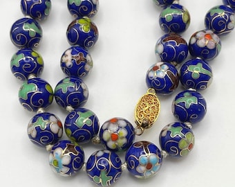 Vintage Chinese Export Cloisonne Necklace Cobalt Blue Floral Enamel 12mm Beads 27" Long