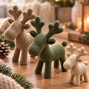 Könnte beinhalten: Drei gehäkelte Rentierfiguren in verschiedenen Größen und Farben. Ein großes beiges Rentier, ein mittleres olivgrünes Rentier und ein kleines cremefarbenes Rentier, jeweils mit strukturierten Strickkörpern, verzweigtem Geweih und kleinen Schwänzen.