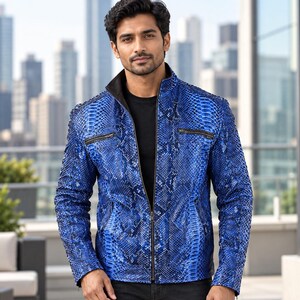 Royal Blue Python-Pattern Cowhide Leather Jacket for Men, Zip Front