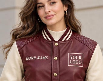 Women's Cropped Sheep Leather Varsity Jacket, Burgundy and Cream, Personalized Name