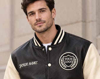 Personalized Sheep Leather Varsity Jacket, Black and Ivory, Custom Name and Logo