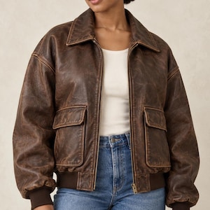 Women's Oversized Mocha Distressed Leather Bomber Jacket with Patch Pockets