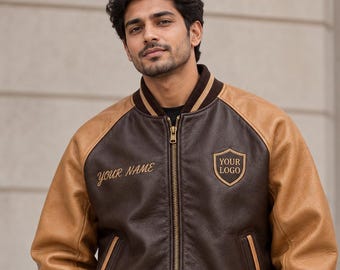 Brown Sheep Leather Bomber Jacket, Oversized Raglan Varsity with Custom Embroidery
