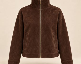 Women's Chocolate Brown Suede Funnel Neck Jacket, High Collar, Relaxed Boxy Fit