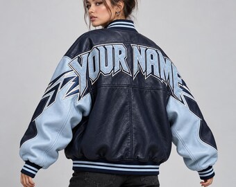Navy Blue Sheep Leather Bomber Jacket with Geometric Embroidery and Custom Logo