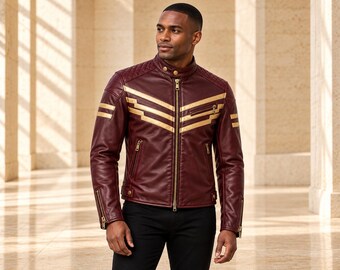 Burgundy Cafe Racer Jacket with Champagne Step Stripes and Quilted Shoulders