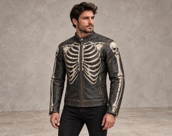 Zwarte café racer jas met skeletmotief en ivoorkleurig botkunstwerk.