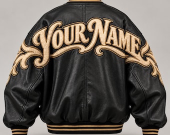 Black Baggy Sheep Leather Bomber Jacket with Gold Applique and Custom Name