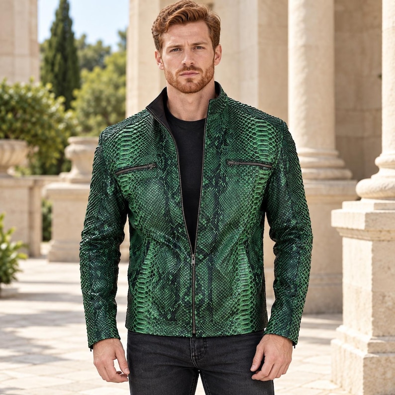 Peut inclure: Une veste vert vif pr&eacute;sentant un motif textur&eacute; en peau de serpent, un col montant et une fermeture &eacute;clair centrale sur le devant. Le v&ecirc;tement comprend deux poches poitrine zipp&eacute;es horizontales et est port&eacute; sur un t-shirt noir et un jean fonc&eacute;.