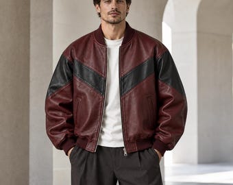 Men’s Oversized Burgundy Leather Bomber Jacket with Black Chevron Panels, Baggy Fit