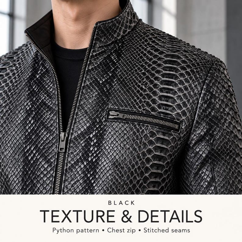 Peut inclure: Une veste noire avec un motif d'&eacute;cailles de python d&eacute;taill&eacute;, un col montant et une poche poitrine zipp&eacute;e. Le v&ecirc;tement comprend une fermeture &eacute;clair frontale et des coutures apparentes. Le texte sur l'image indique : BLACK TEXTURE & DETAILS Python pattern &bull; Chest zip &bull; Stitched seams.