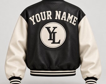 Chaqueta bomber de piel de oveja personalizada, estilo universitario negro y crema, con nombre y logotipo personalizados.