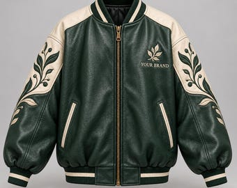 Forest Green Sheep Leather Bomber Jacket with Botanical Embroidery and Custom Name