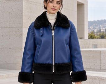 Women's Royal Blue Sheepskin Leather Jacket, Black Faux Fur Collar and Cuffs