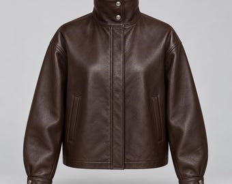 Women's Espresso Funnel Neck Leather Jacket, Twin Snap Collar, Boxy Fit