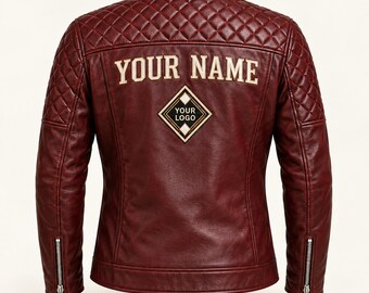 Chaqueta de cuero acolchada burdeos para hombre, estilo Cafe Racer personalizada con logotipo.