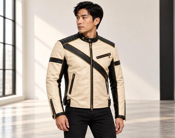 Ivory Black Cafe Racer Jacket with Diagonal Stripe and Gold Piping
