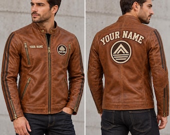 Chaqueta estilo Cafe Racer de cuero color coñac para hombre, con nombre y emblema personalizados.