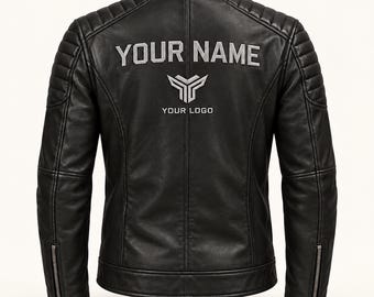 Chaqueta de cuero negra estilo café racer para hombre, con nombre y logotipo personalizados.